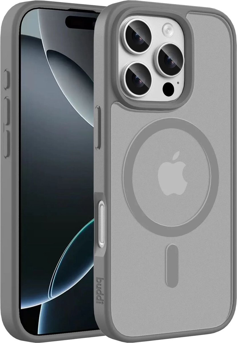 Buddi Frost Hoesje Geschikt voor Apple iPhone 16 Pro - Mat Grijs - MagSafe Back Cover - Matchende kleur - Shockproof - Slank