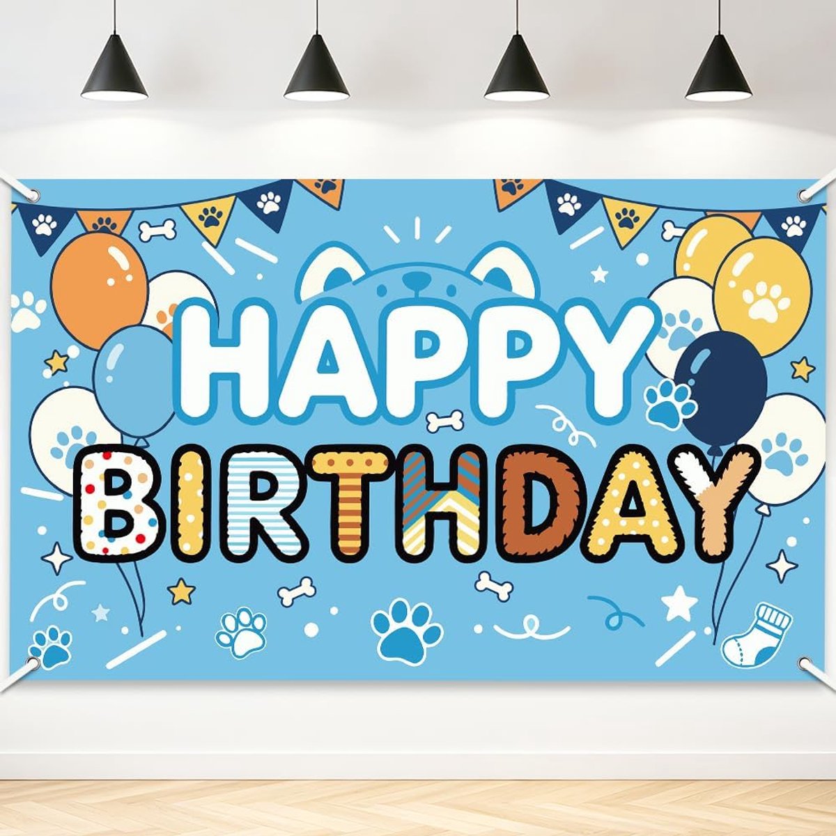 Leuke hond verjaardagsfeestdecoraties blauwe polyester achtergrond 5,9 × 3,1,8 m/180 x 110 cm hangbord duurzaam voor - ShopVlot