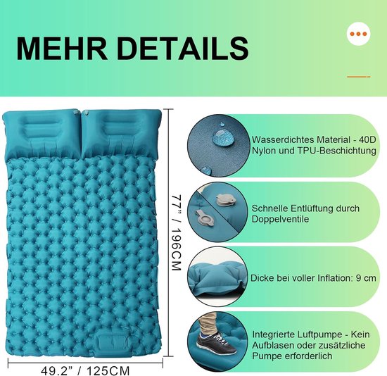 Thijox - Camping Matras 2 Personen, Ultralight Tweepersoons Luchtbed met Voetpomp en Kussen, Draagbare Luchtmatras voor Wandelen, Strand, Reizen, Lich van Thijox — afbeelding 3