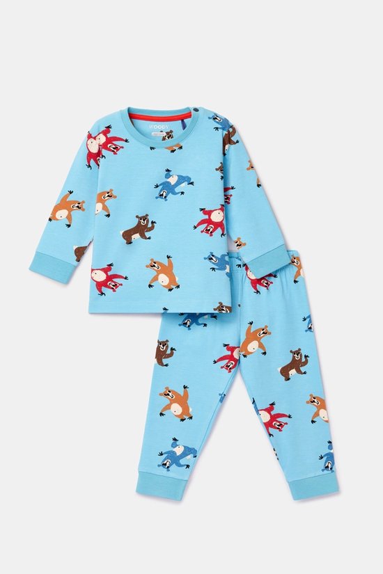 Ensemble de pyjama bleu pour garçon avec un imprimé intégral d'ours et un passepoil rouge.