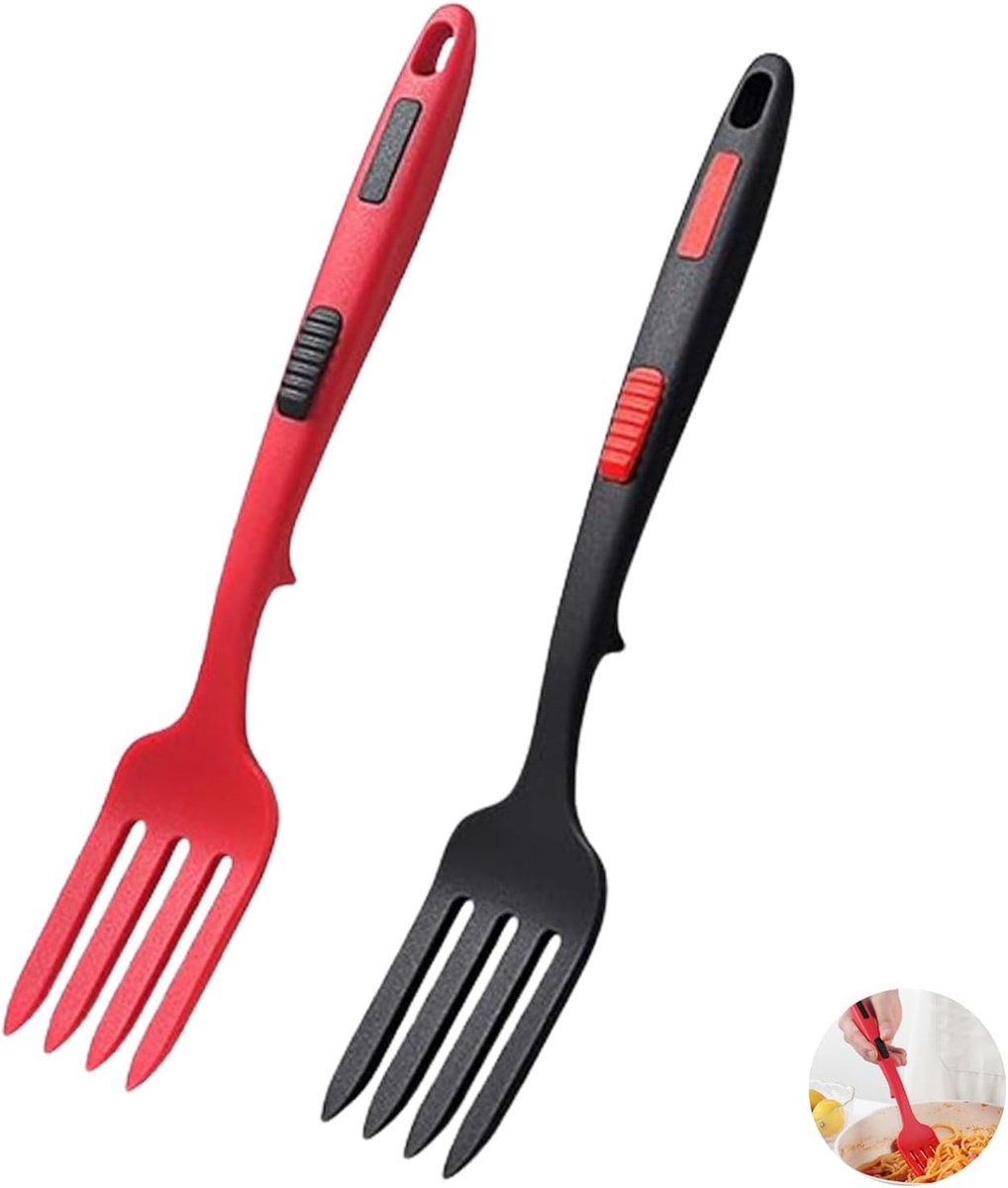 Set van 2 Siliconen Vorken voor Koken, Hittebestendig, Antiaanbaklaag, Ideaal voor Pasta en Multi-Functioneel Gebruik (Rood, Zwart) 181g
