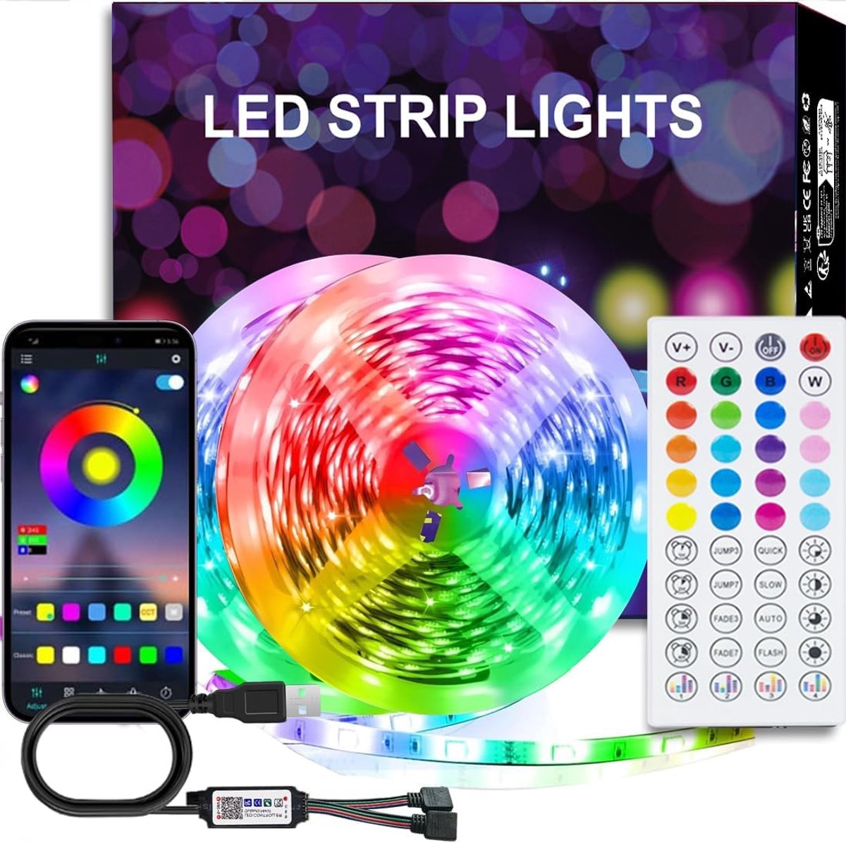 SnelShoppen - LED strip 20M (2x10m), Bluetooth LED strip met afstandsbediening, muzieksynchronisatie, zelfklevend voor kamerdecoratie, keuken, plafond
