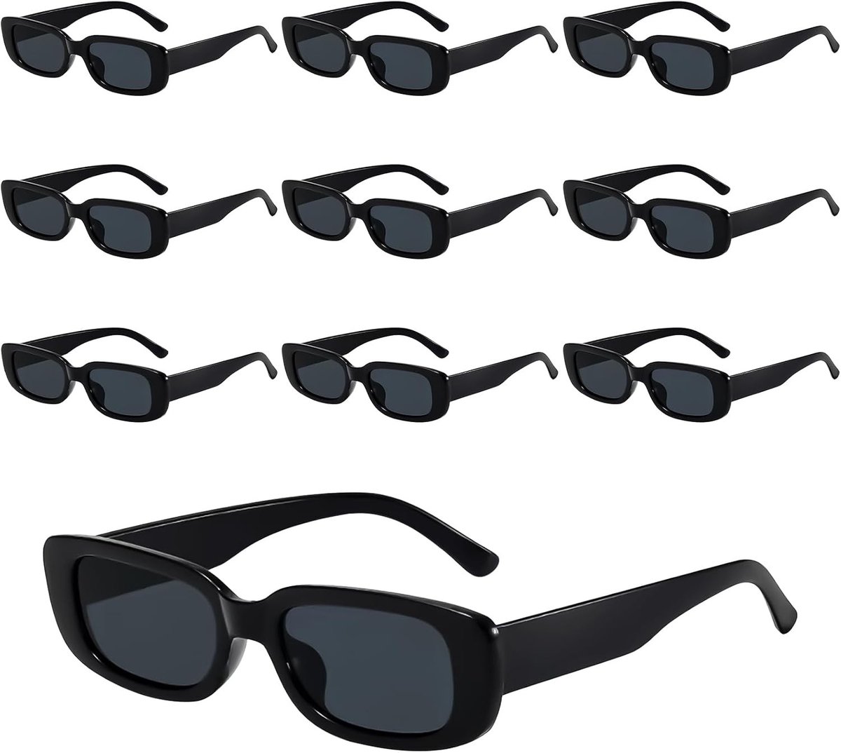 Set van 10 Vintage Zonnebrillen voor Vrouwen in Zwart - Smalle Rectangulaire 90's Trendy Zonnebrillen voor Rave en Feestjes