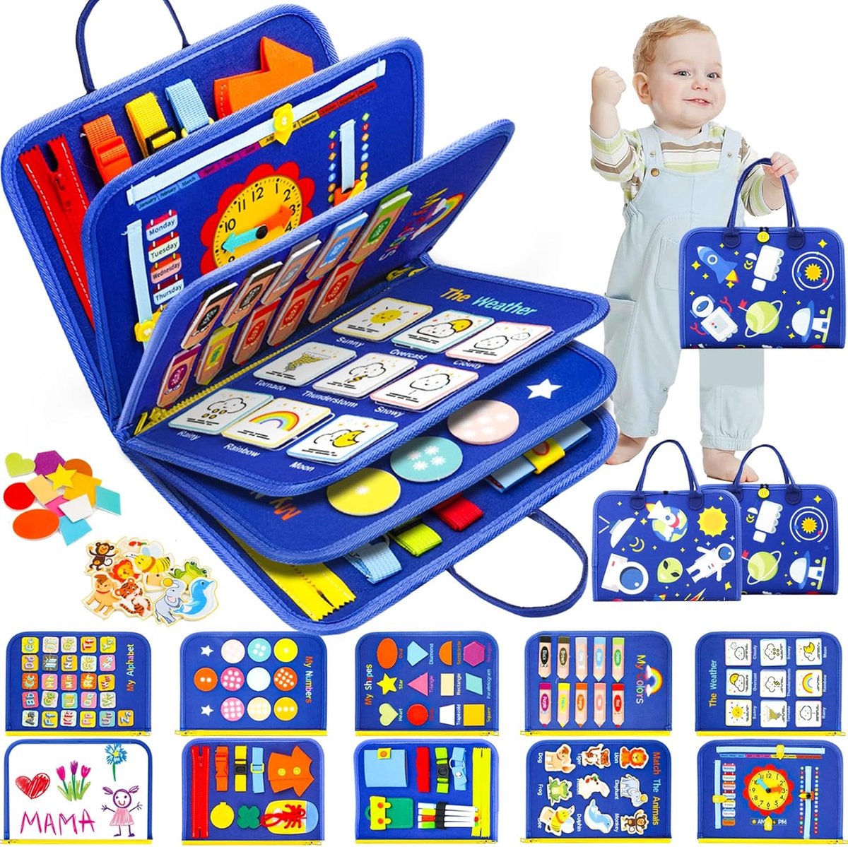 Busy Board voor peuters, 20-in-1 Montessori-sensorisch speelgoed, reisspeelgoed voor het leren van fijne motoriek, educatief speelgoed voor kleuters, cadeau, voor jongens en meisjes, 1 stuk