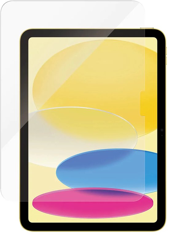 Transparante screenprotector geplaatst over een iPad met een kleurrijk scherm.