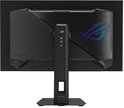 Achterkant van de gamingmonitor met een opvallend verlicht ROG-logo en een slanke, zwarte standaard.