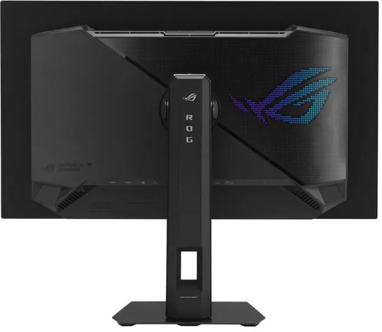Achterkant van de gamingmonitor met een opvallend verlicht ROG-logo en een slanke, zwarte standaard.