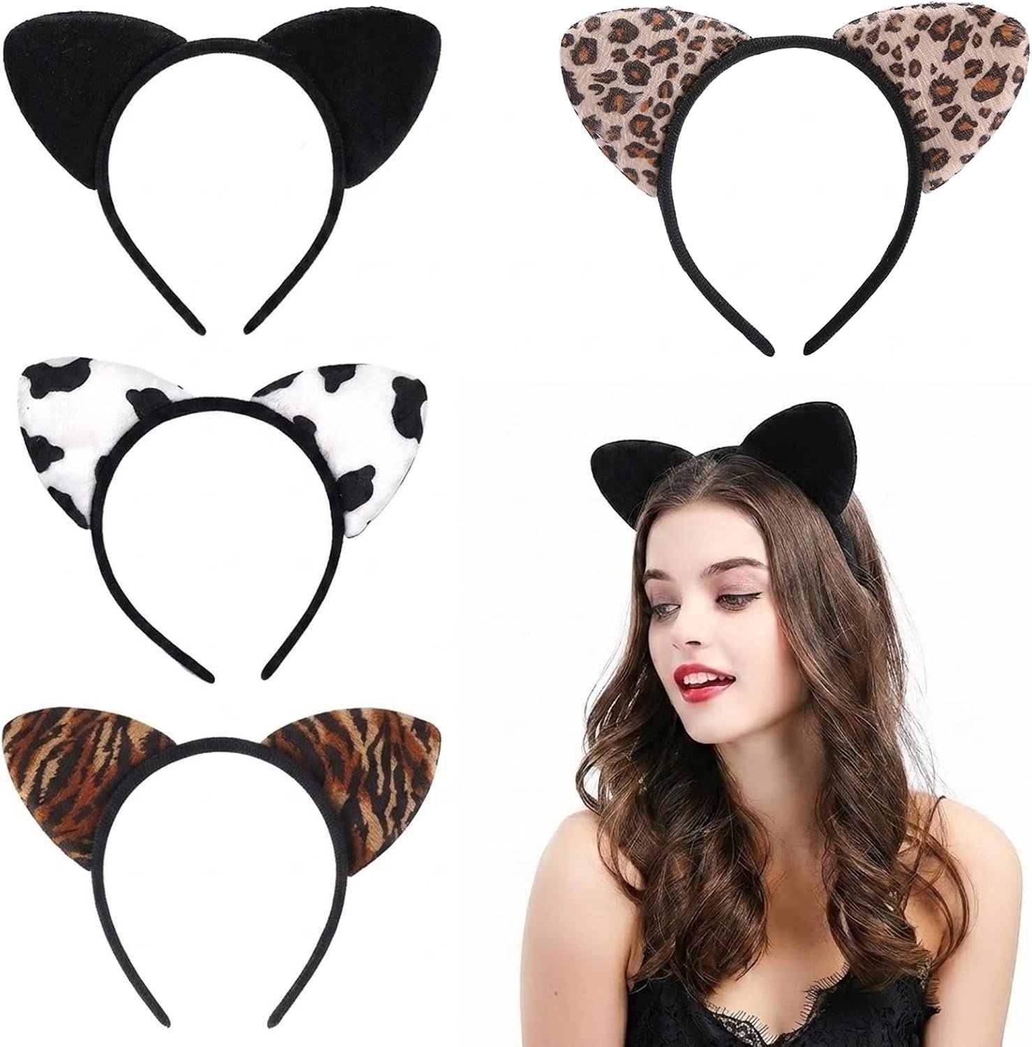 Set van 4 hoofdbanden voor kinderen en volwassenen, pluche feestaccessoires, kat, cheetah, tijger en koe, ideaal voor carnaval en themafeesten