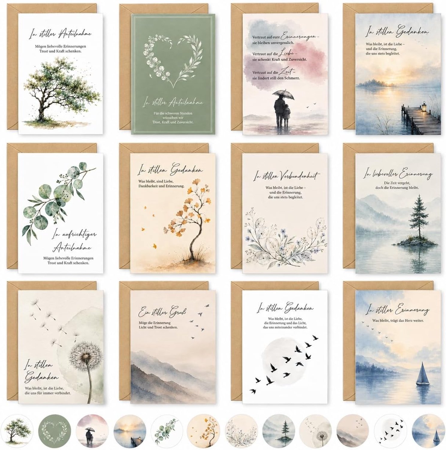 Set van 12 rouilleskaarten met enveloppen en sluitstickers. Condoleancekaarten in A6-formaat, geschikt om deelname, herinnering en verbondenheid uit te drukken (kleurrijk