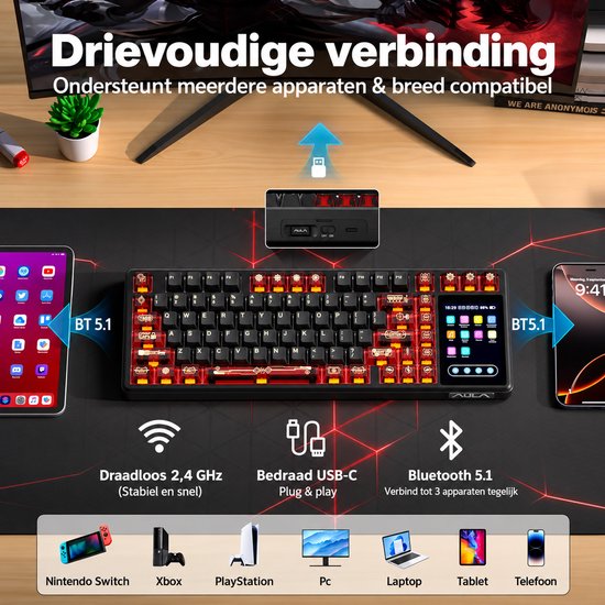 Drievoudige verbindingsopties voor AULA L99 toetsenbord: Bluetooth, 2.4GHz en bedraad voor diverse apparaten.