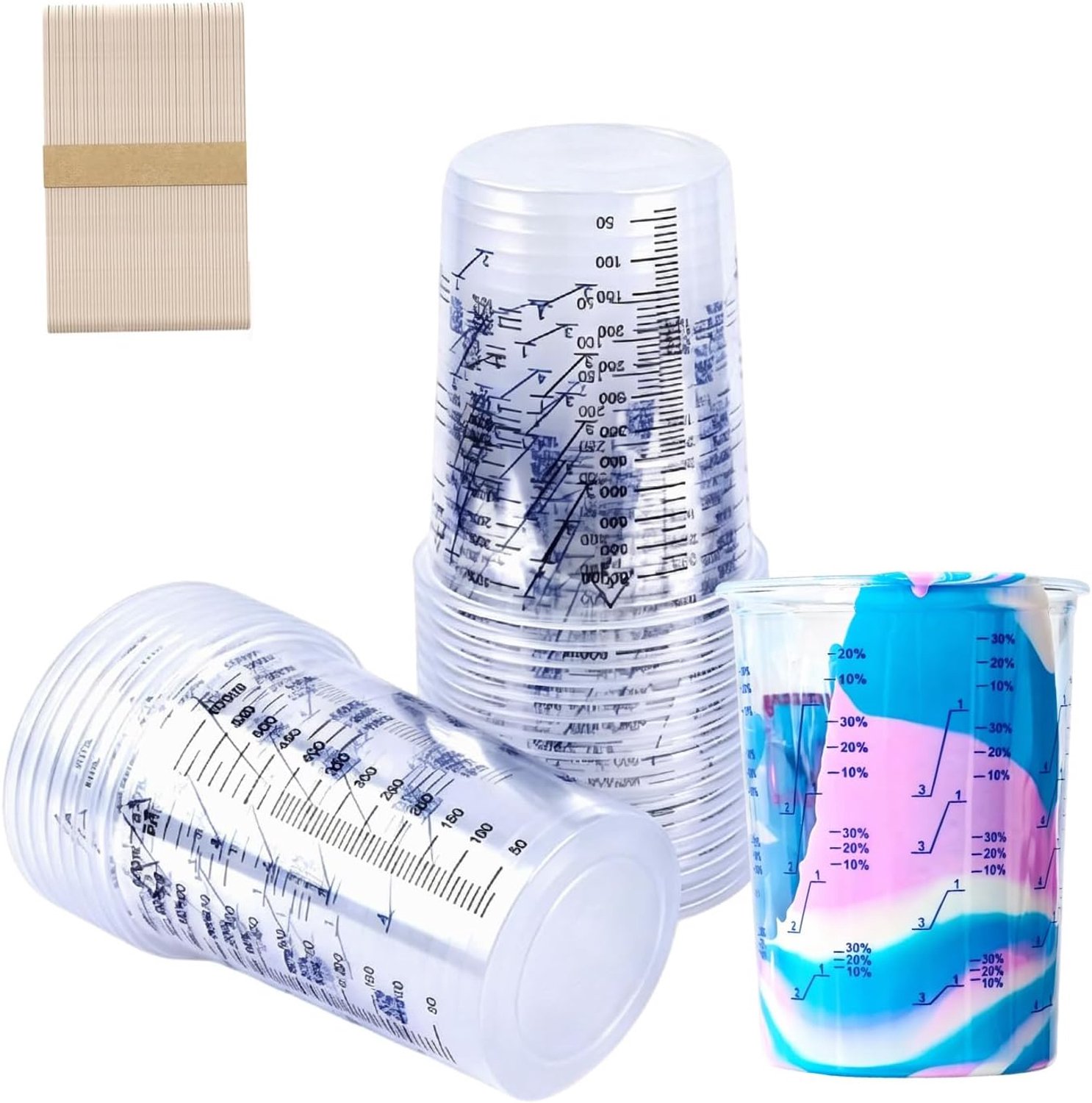 Mixing Cups, 50 Pack 600ml Graduated Measuring Cups for Paint, Resin and Epoxy, Plastic Mixing Containers with Clear Ratio Scale for DIY Projects, Automotive Refinishing