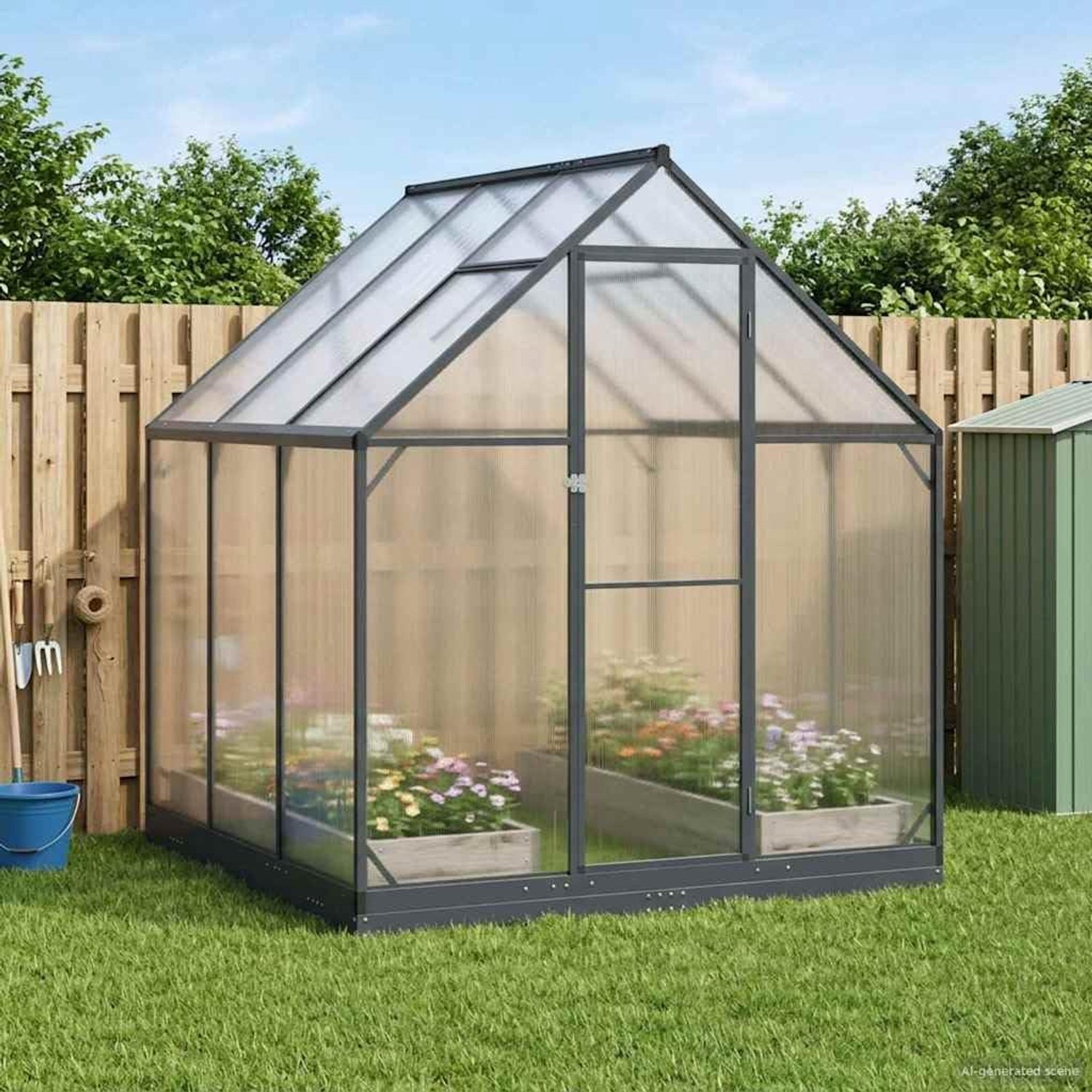 Tuinkas, antraciet, 183,5 x 183,5 x 207 cm, stabiele broeikas met deur en slot voor buiten, ruime plantenbescherming voor hobbytuinders