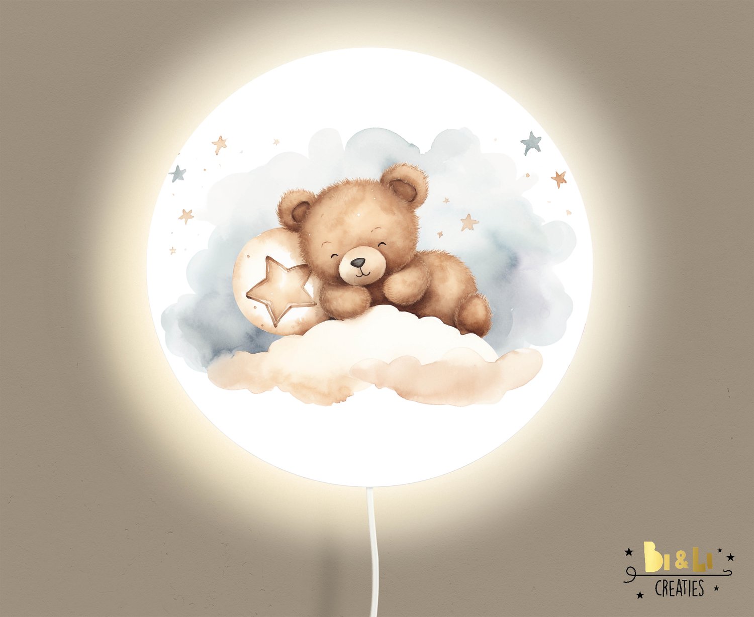 Wandlamp rond beer op wolk-lamp-beer-sfeerverlichting-kinderkamerdecoratie-woonaccessoires