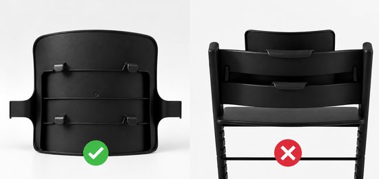 Vergelijking van een zwarte kinderstoel rugleuning met groen vinkje voor correcte en rood kruis voor onjuiste montage.