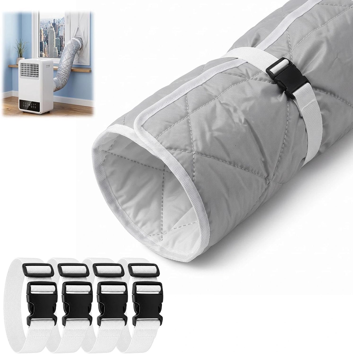 Afvoerslang, isolatie, slangafdekking, 150 x 60 cm, mobiele airconditioningsslang, isolatieslang voor 150 mm afvoerbuis, met 4 verstelbare riemen, herbruikbaar