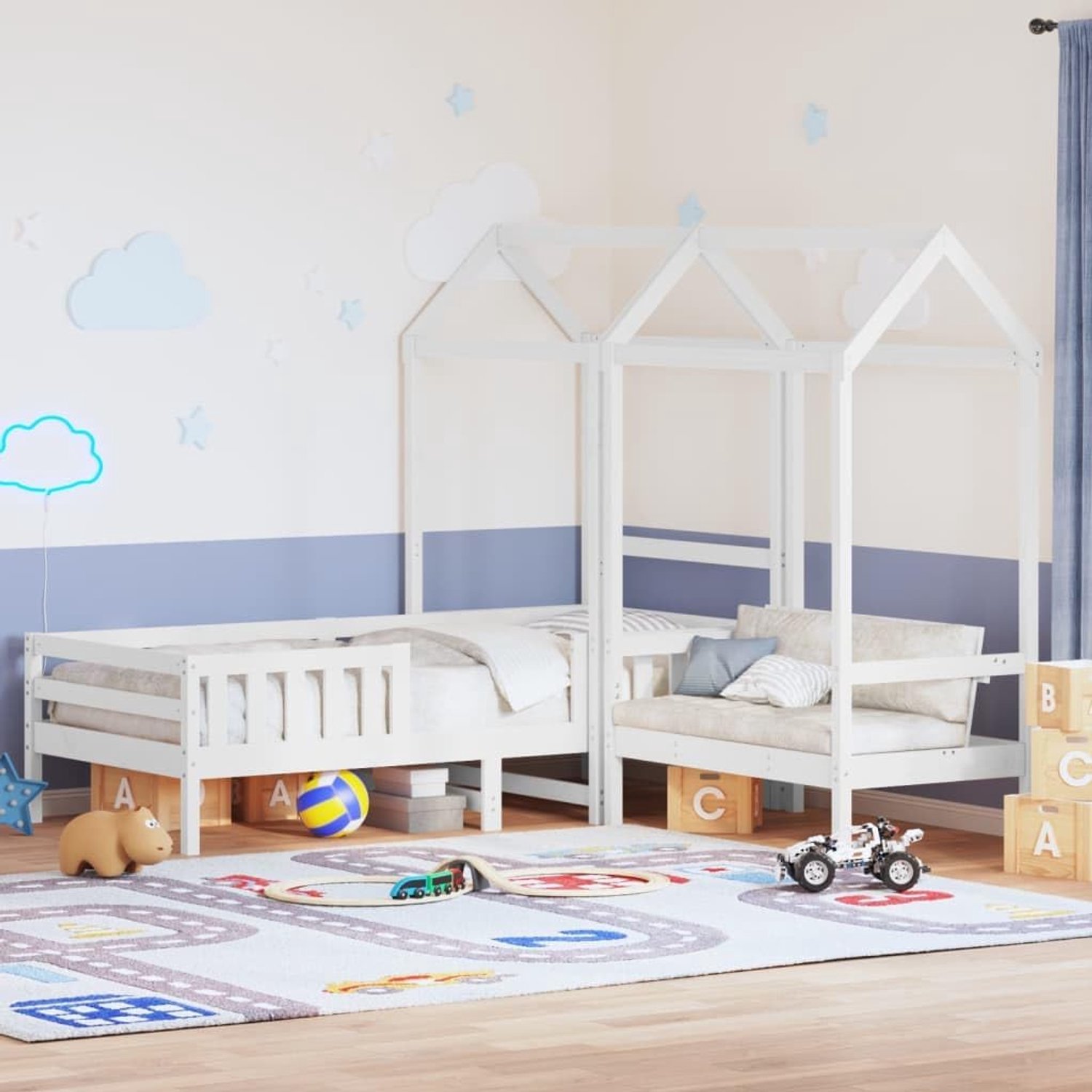 Grenenhout bed met bankje en dak 75x190 cm wit