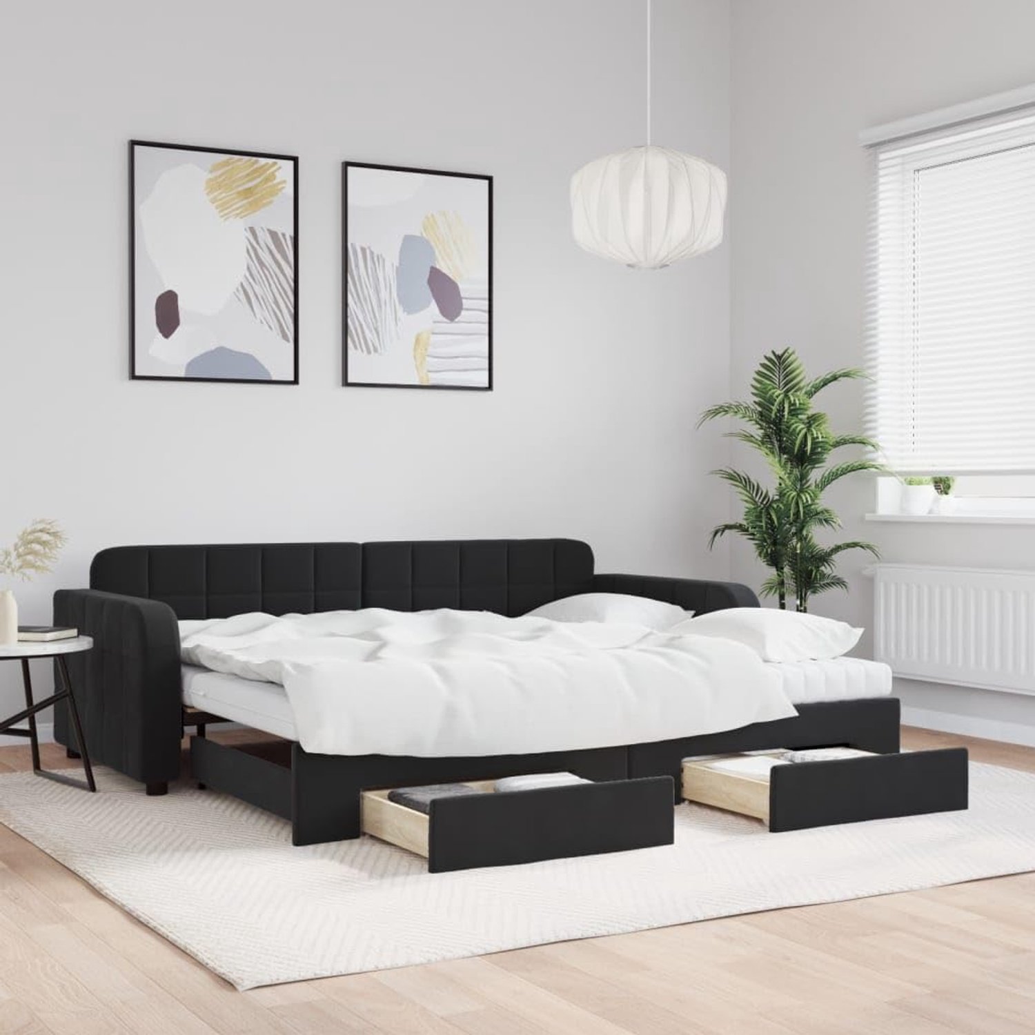 2 in 1 Fluweel Slaapbank met Onderschuifbed Opberglades Zwart 90x190 cm