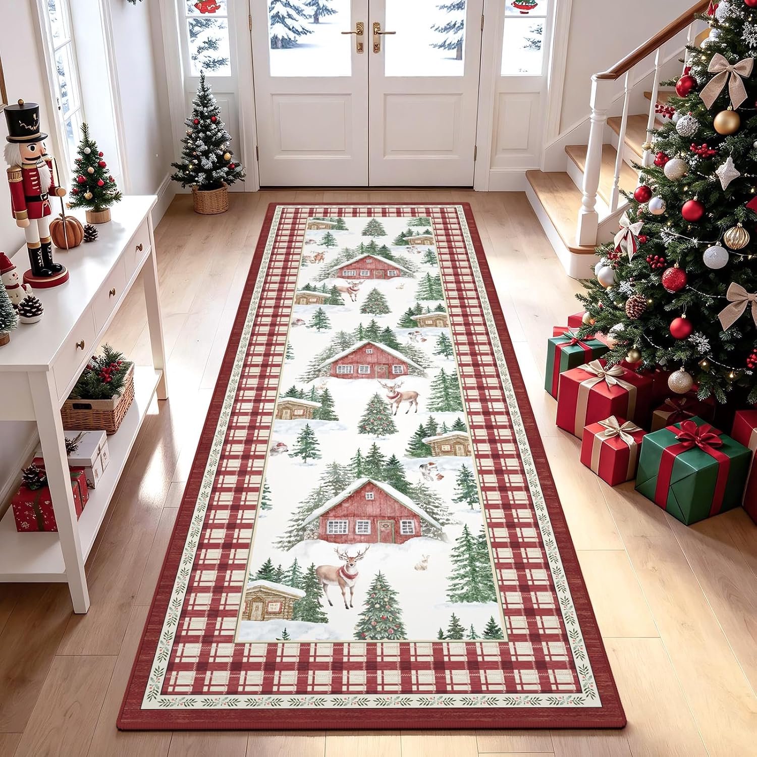 Kersttapijt, loper, 60 x 180 cm, wasbaar, antislip, vintage