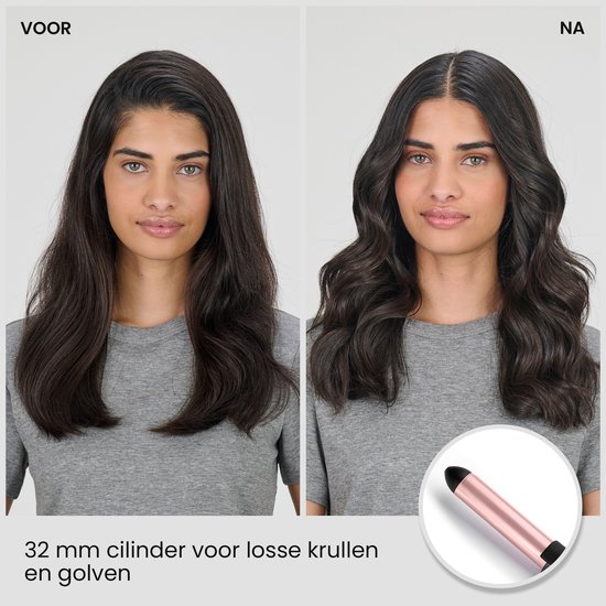 Voor en na foto van haar gestyled met een 32 mm cilinder voor losse krullen en golven.