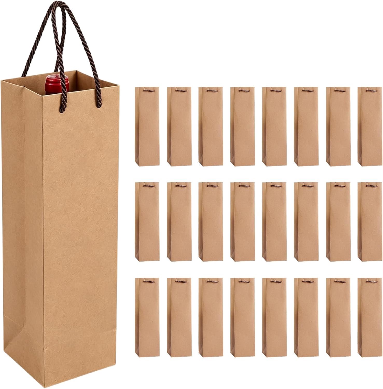 24 stuks cadeauzakjes van kraftpapier met handvat, bruine flessenzakjes voor bruiloft, feest, verjaardag, wijn, champagne, organizer, 35 x 9,5 x 9 cm