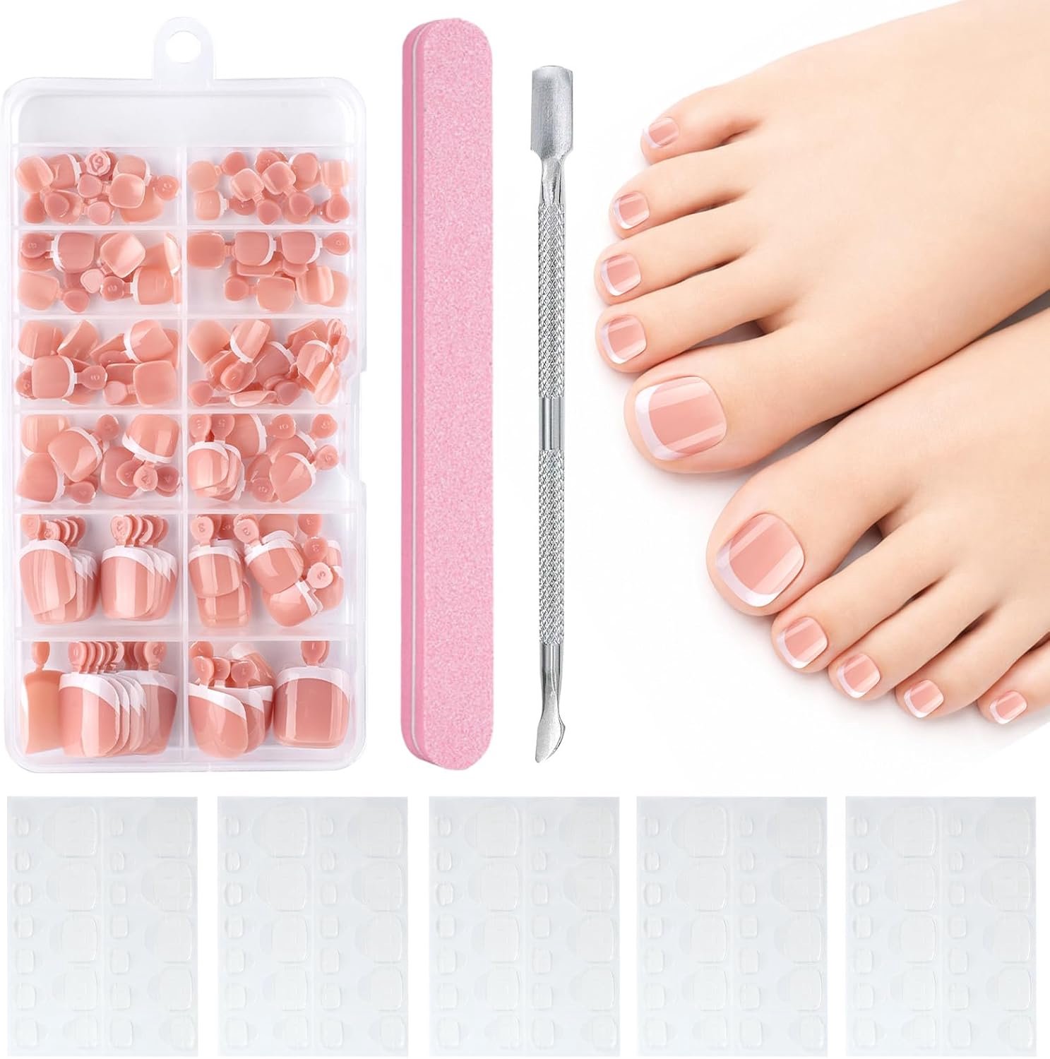 120 stuks neppe teennagels, Franse witte tips | 12 maten korte vierkante roze nagels | Zelfklevende teennagels met vijlset voor dagelijks gebruik, TNB-PP08