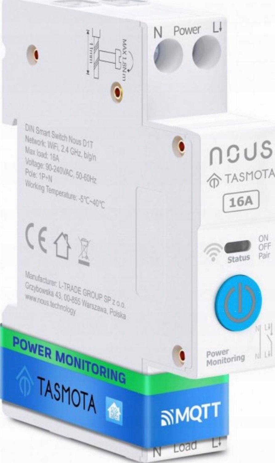 Slimme DIN-railschakelaar D1T, 16A, energiemeting, WiFi Tasmota, ESP32, MQTT, Matter