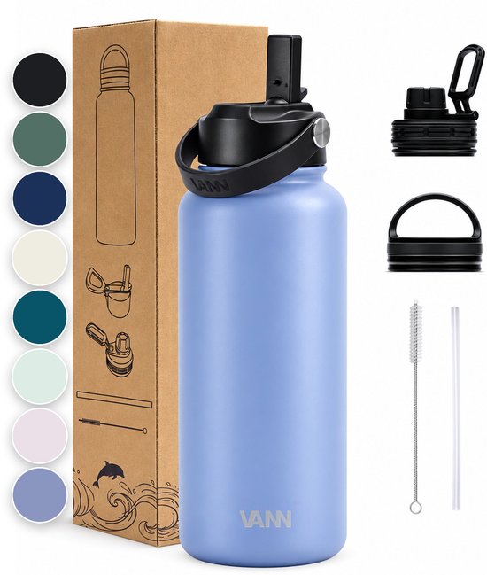 Lichtblauwe VANN fles met accessoires: twee doppen, rietje, borstel en verpakkingsdoos.