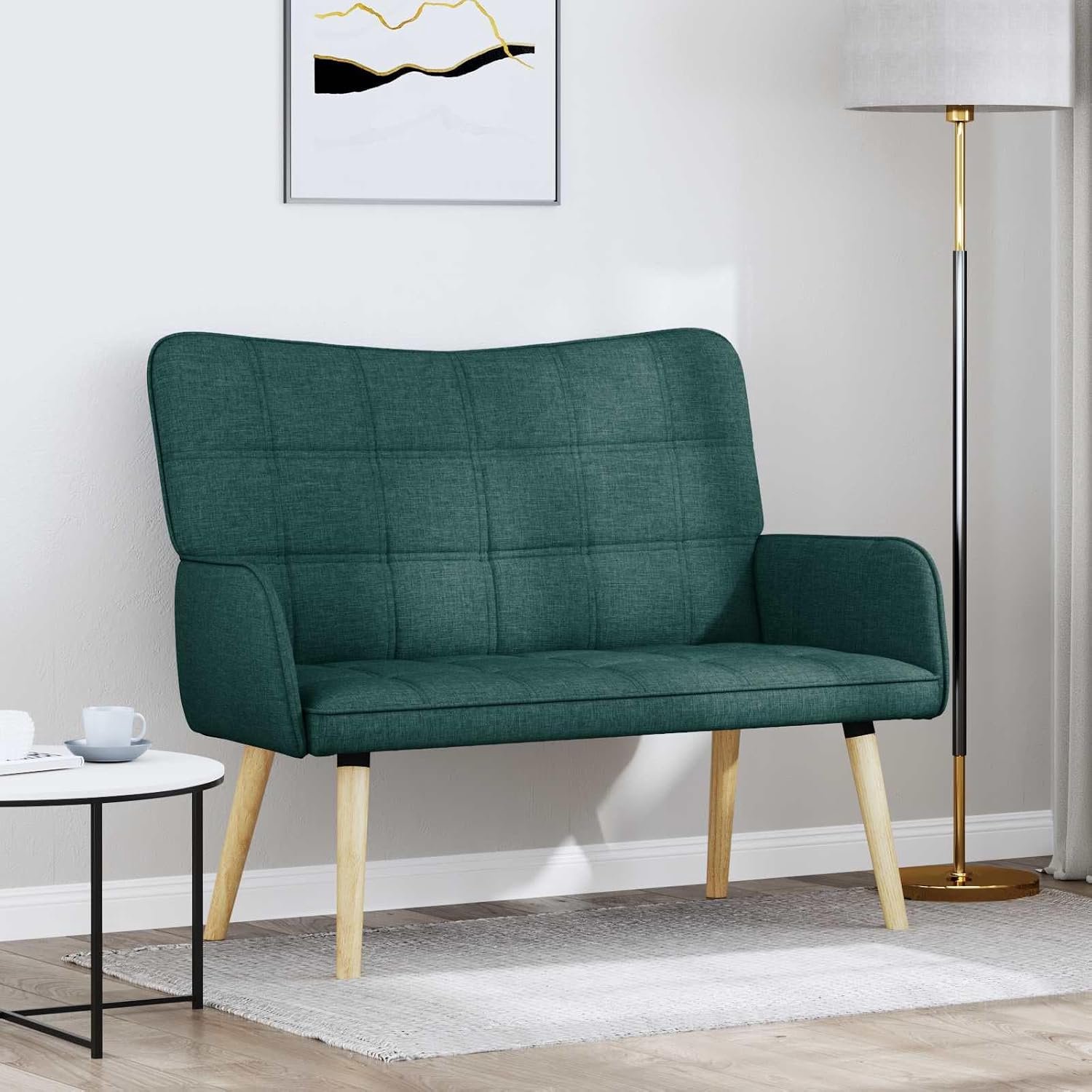 Tweezitsbank, donkergroen, 115 cm, stof, loveseat met houten poten en metalen frame, moderne kleine bank voor woonkamer of slaapkamer