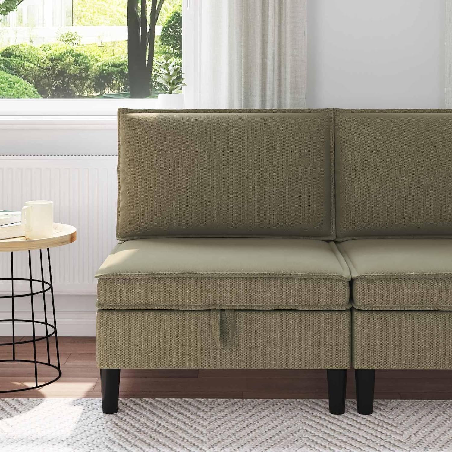 Middenbank met opbergruimte in kaki, fluwelen bekleding, rechthoekig, schuimvulling, verborgen vakken, slanke poten