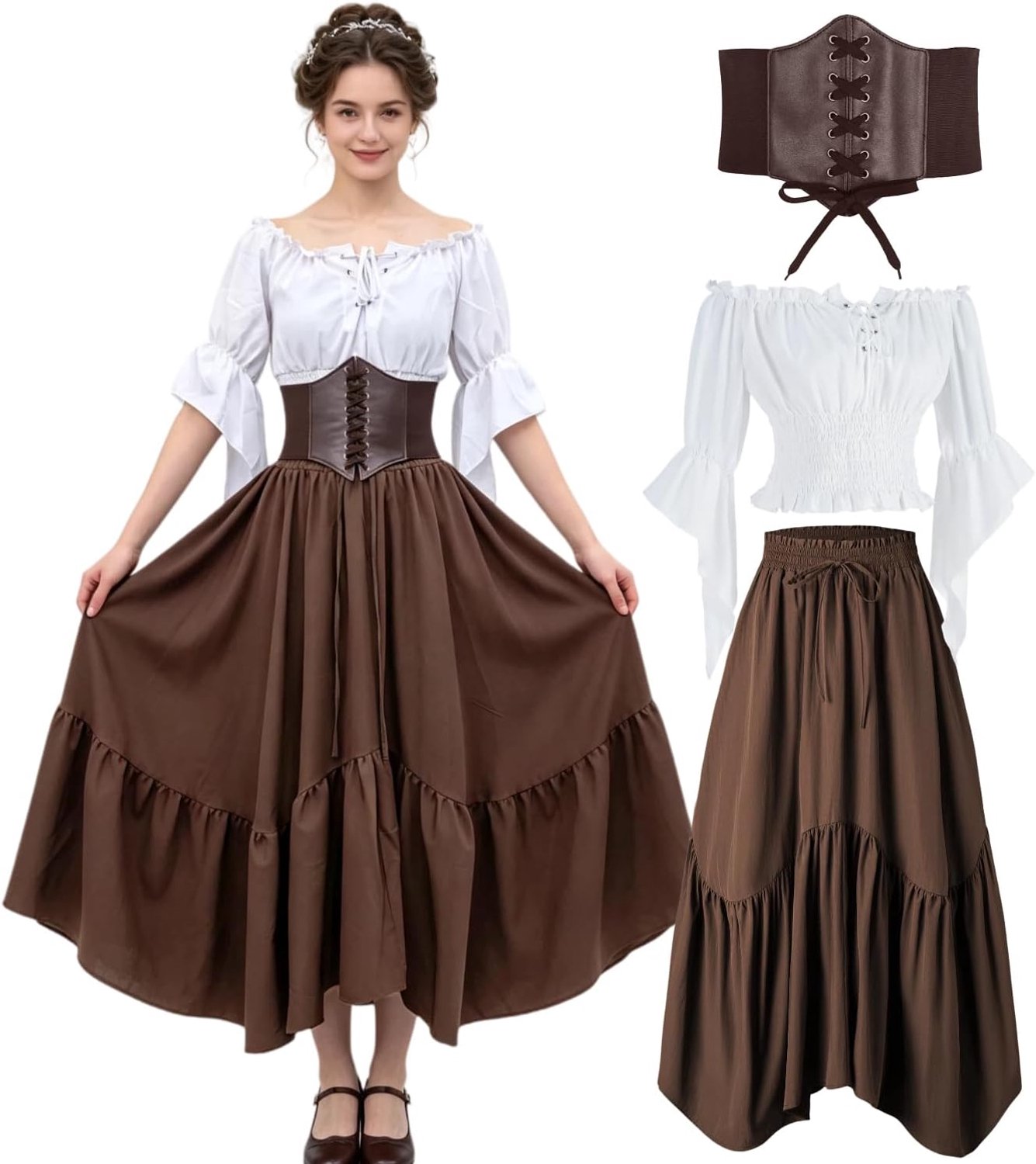 Kleding voor dames, renaissancejurk, off-shoulder, trompetmouwen, blouse en maxi-rok met korset, retro, fee, piraten, heksenkostuums voor Halloween, carnaval, LARP