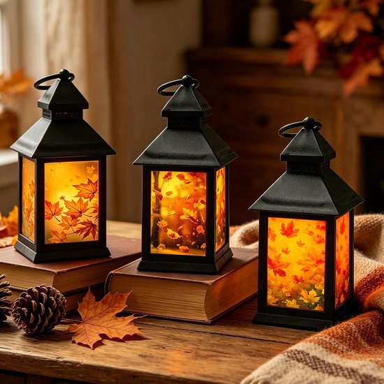 Set van 3 Herfst Tafellantaarns met LED Kaars – Herfstdecoratie met Decoratieve Bladeren – Halloween Lantaarns voor Binnen & Buiten – Sfeervolle Tafeldecoratie voor Herfst