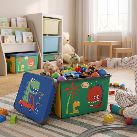 INDECOR Stapelbare Speelgoedbox met Handgrepen – 17 L Opbergbox Set van 3 met Deksel – Voor Lego, Bouwblokjes en Bouwstenen - Dinosaurusmotief — afbeelding 3