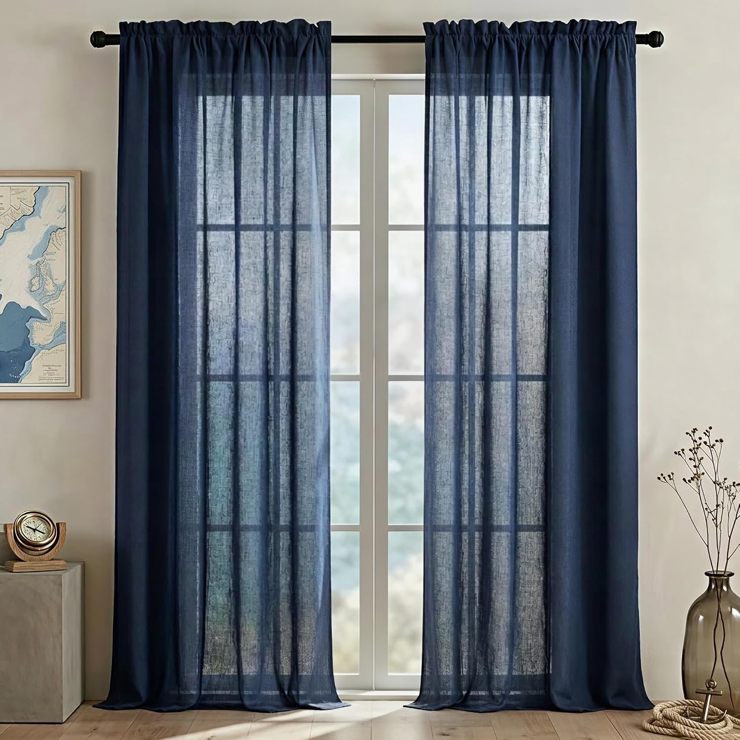 Linnen gordijnen, voor woonkamer, slaapkamer, 2 panelen met roedezak, lichtfilterend, semi-transparant, donkerblauw indigo, voor patio, schuifdeur, 132 x 209 cm