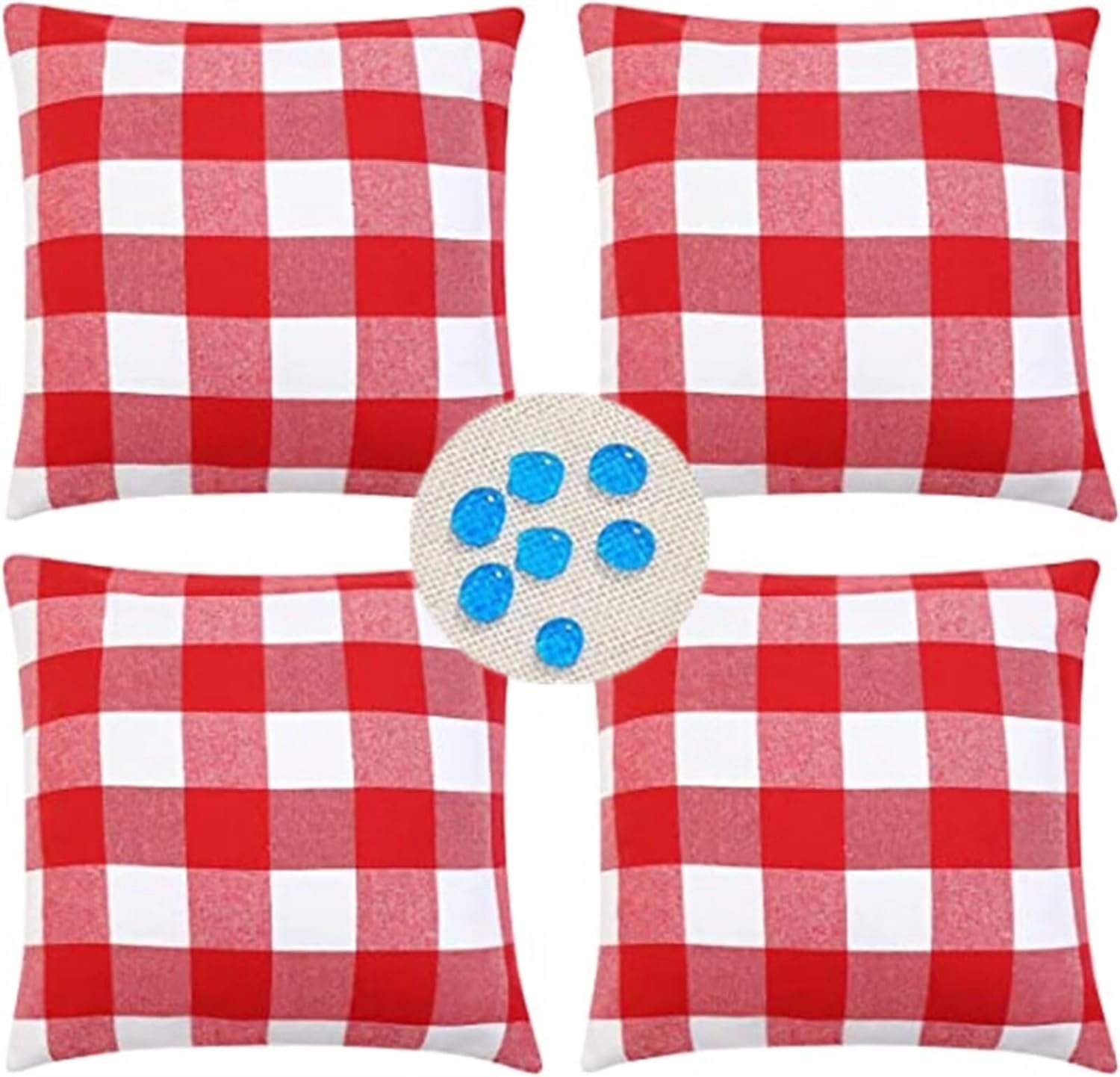 Kussenslopen Waterdichte Set van 4 Rood Wit Plaid, Vierkant Dubbelzijdig Linnen Materiaal, Met onzichtbare rits, Kussens voor Patio Balkon Bank Boerderij Tuin Decoratief 55cm x 55cm