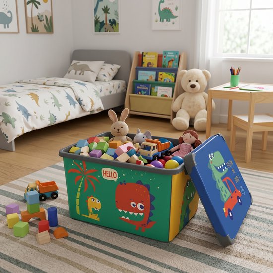 INDECOR Stapelbare Speelgoedbox met Handgrepen – 17 L Opbergbox Set van 3 met Deksel – Voor Lego, Bouwblokjes en Bouwstenen - Dinosaurusmotief — afbeelding 5