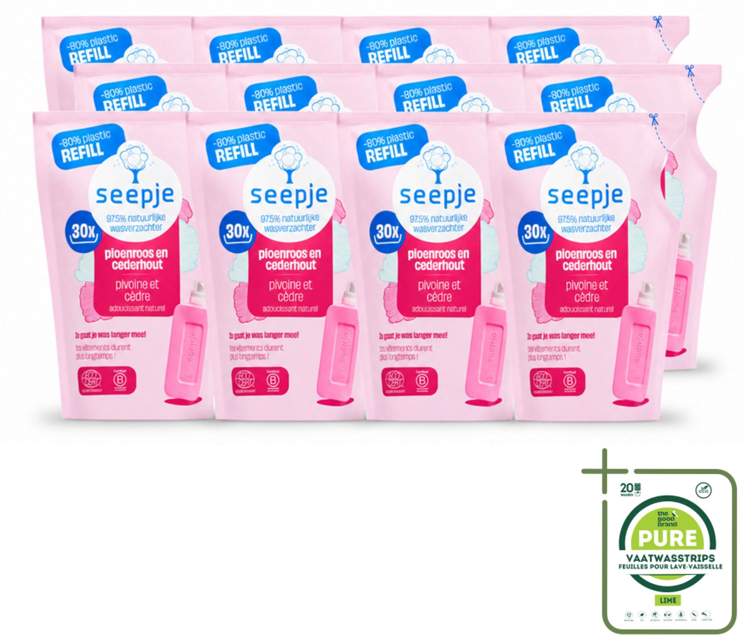 12 x Seepje - Wasverzachter - Duurzaam & Frisse Geur - Navulling - Pioenroos en Cederhout - 30 Wasbeurten - 750 ml - Grootverpakking - Vaatwasstrips - Wasverzachter - Natuurlijke Wasverzachter - Pioenroos - Cederhout - Frisse Geur