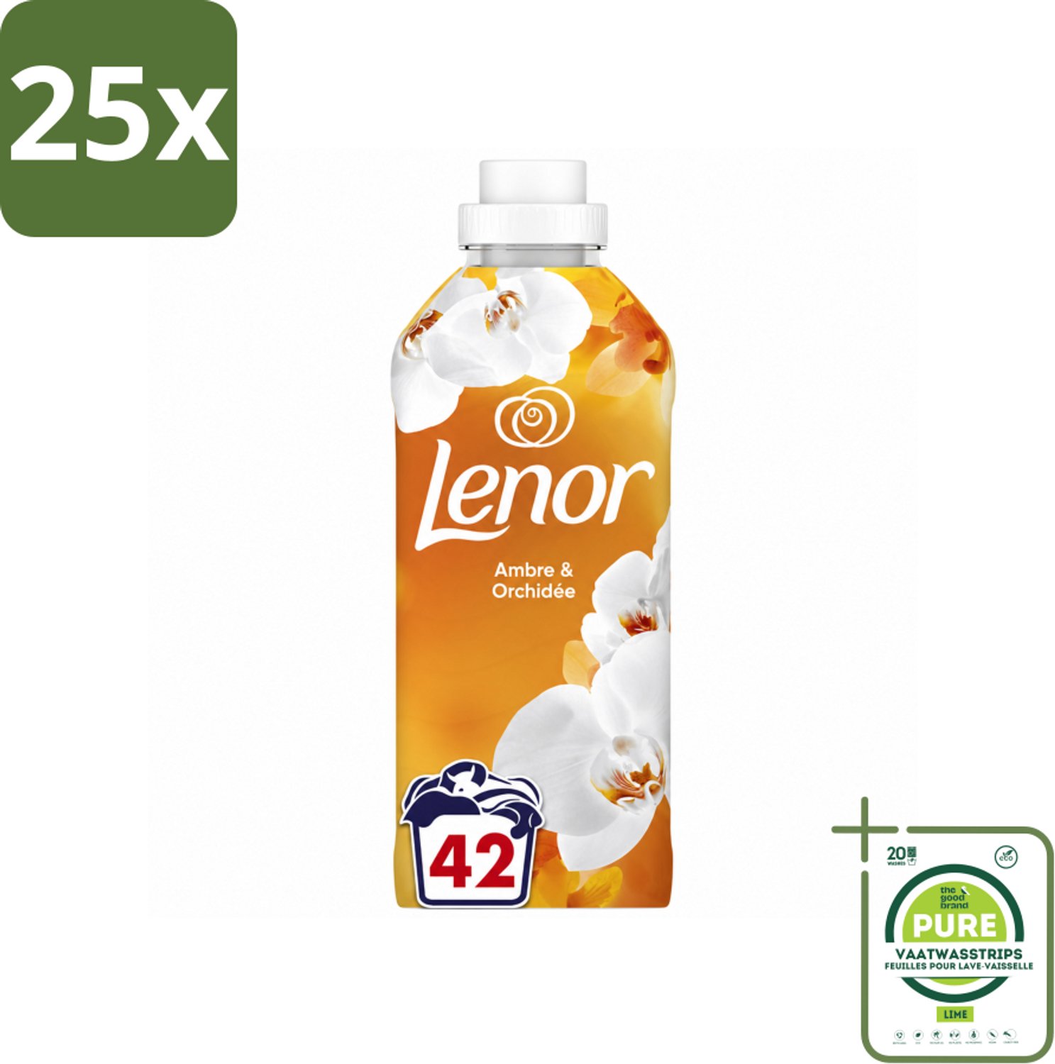 25 x Lenor - Wasverzachter - Amber & Orchidee - Fris & Zacht - 42 Wasbeurten - Grootverpakking - Vaatwasstrips - Wasverzachter - Geur - Ontspanning - Frisheid - Wasmachine