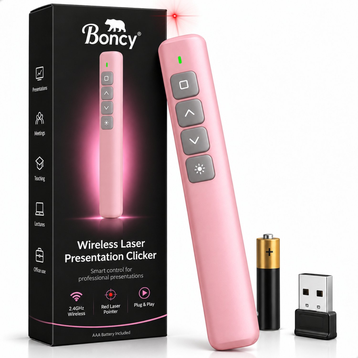 Boncy® Draadloze Presentatie Klikker - Pointer Met Laser voor Presenteren - Powerpoint Afstandsbediening Presenter - Wireless Presentation Clicker met USB Ontvanger - Laserpointer - Inclusief AAA Batterij - Presenters voor Windows & Mac OS - Roze