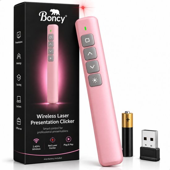 Boncy draadloze roze presentatie-clicker met 2.4GHz verbinding, rode laser en USB-ontvanger.