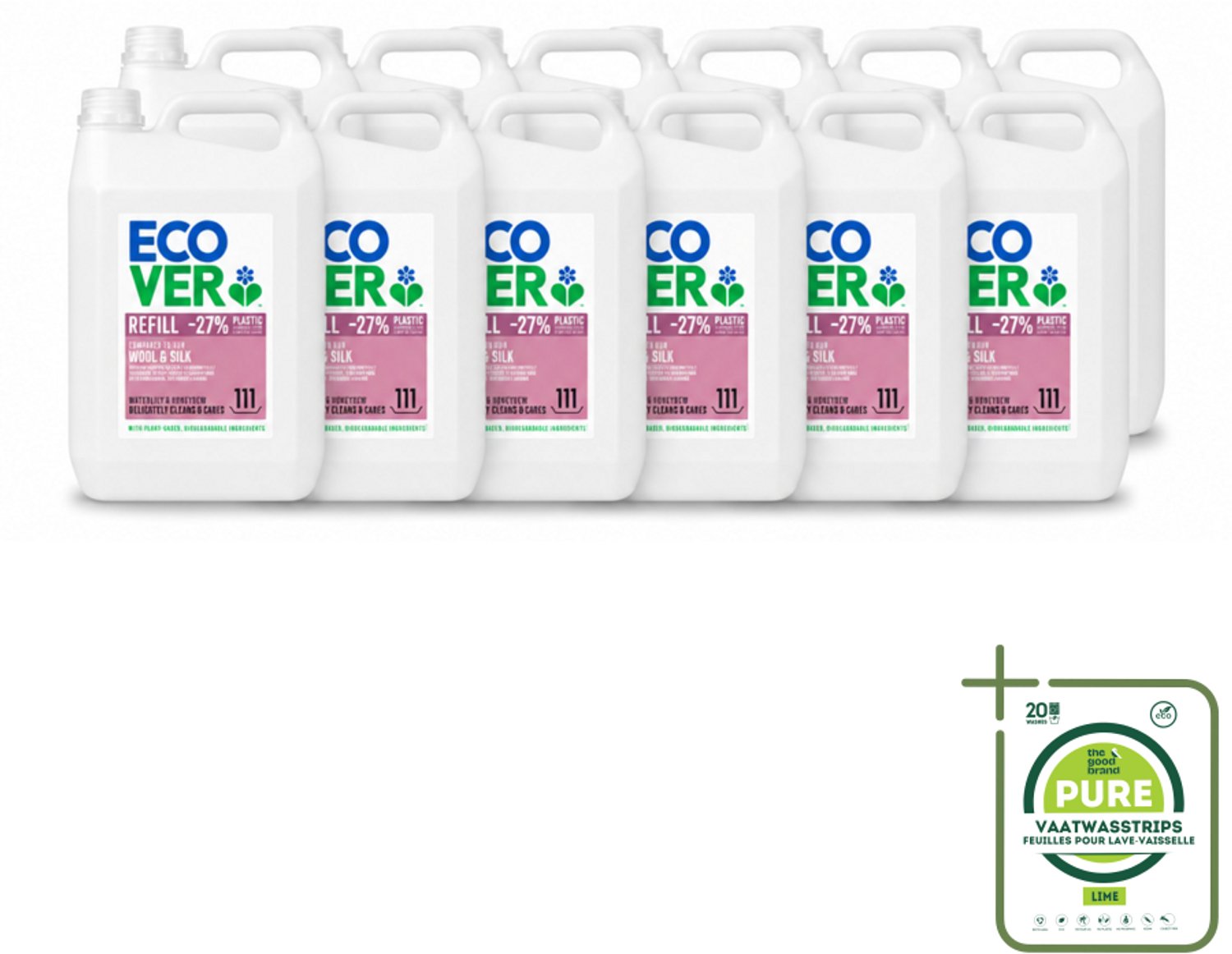 12 x Ecover - Vloeibaar wasmiddel - Wol & Fijnwas - Waterlelie & Honingmeloen - 5 liter - 111 wasbeurten - Grootverpakking - Vaatwasstrips - Fijnwas - Wolwas - Delicate Stoffen - Natuurlijk Wasmiddel - Zachte Reiniging