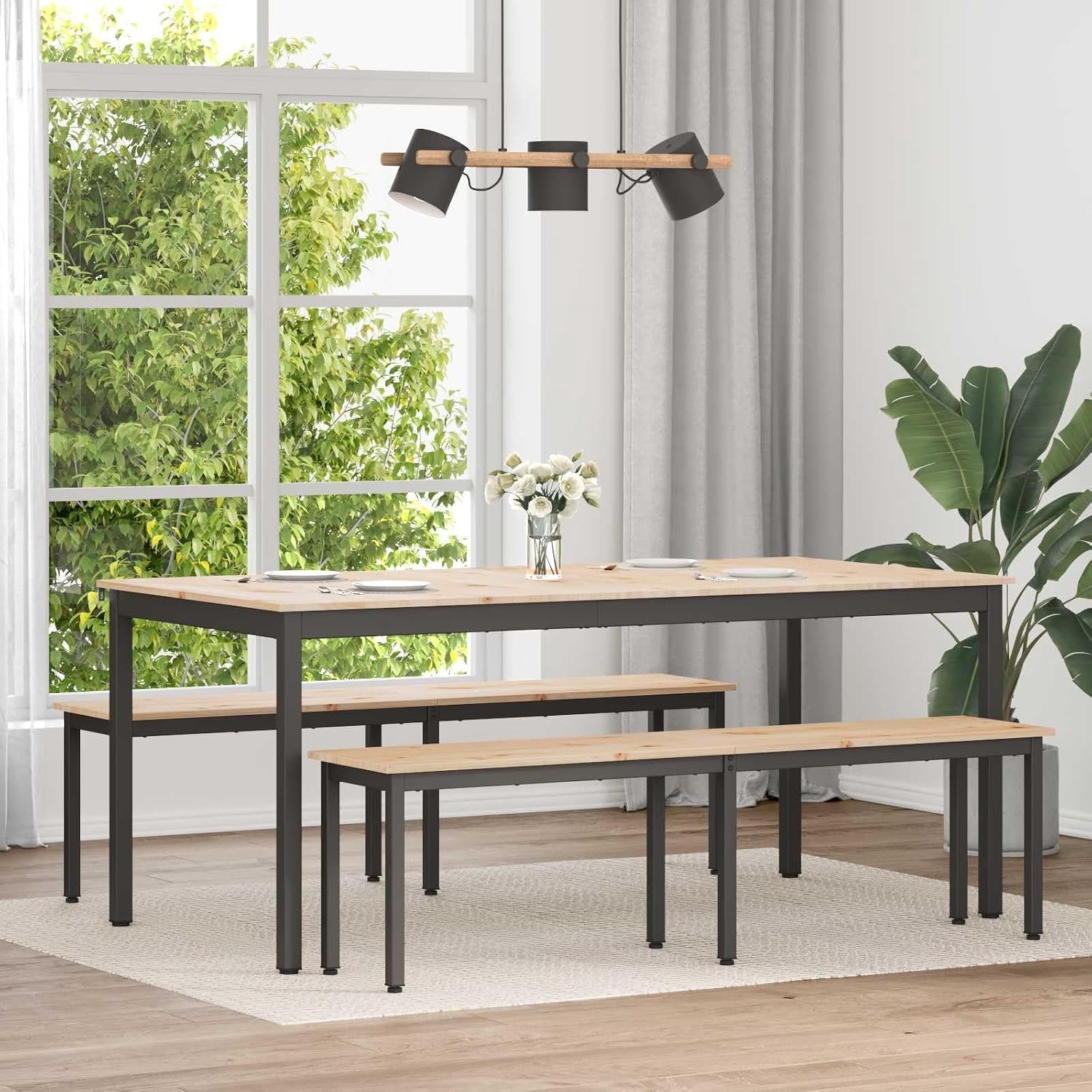 Eettafel naturel 180 x 90 x 75 cm van massief hout met rechthoekige grenenhouten plaat en stabiele metalen poten voor keuken of eetkamer
