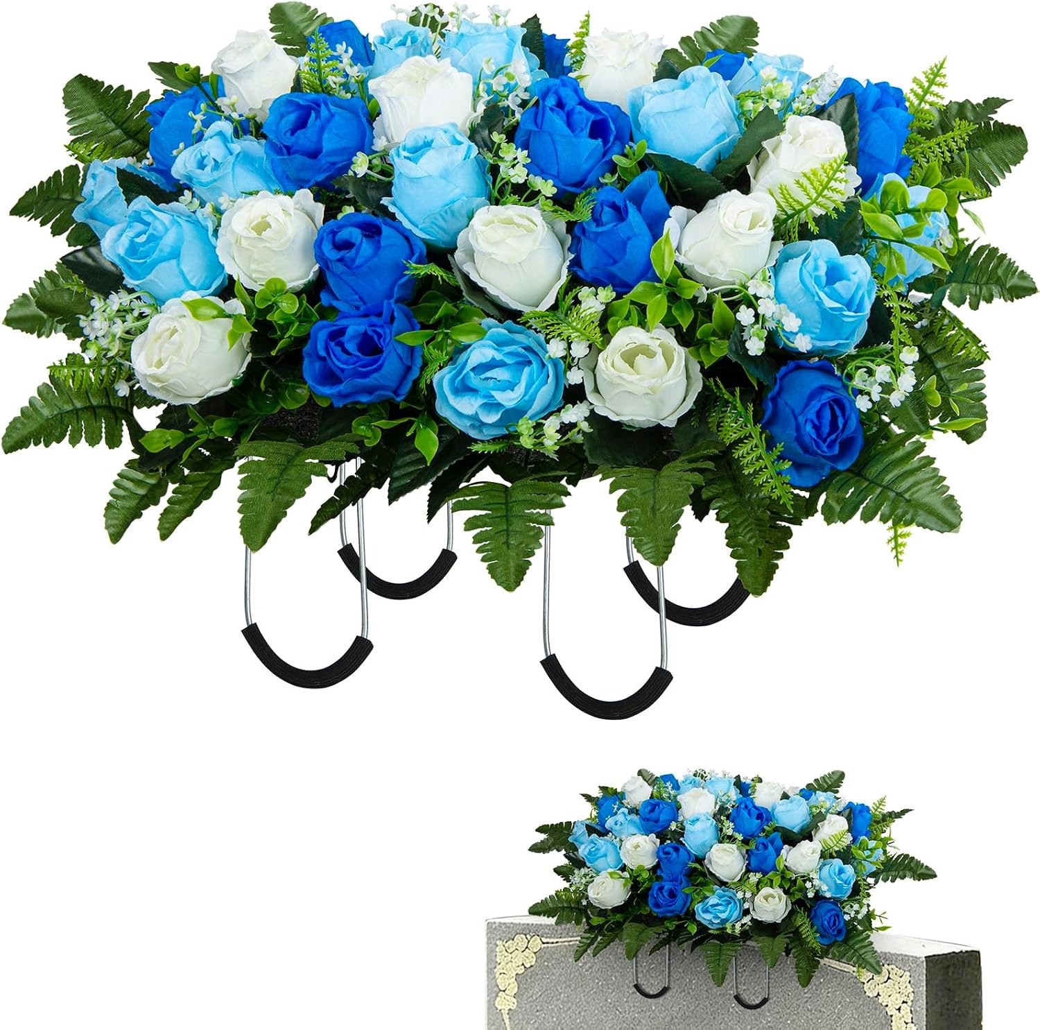 Kunstbegraafplaats-bloemzadels, kunstmatige herdenkrozen, grafzadels voor buiten, voor decoratie van grafstenen (donkerblauw en lichtblauw)