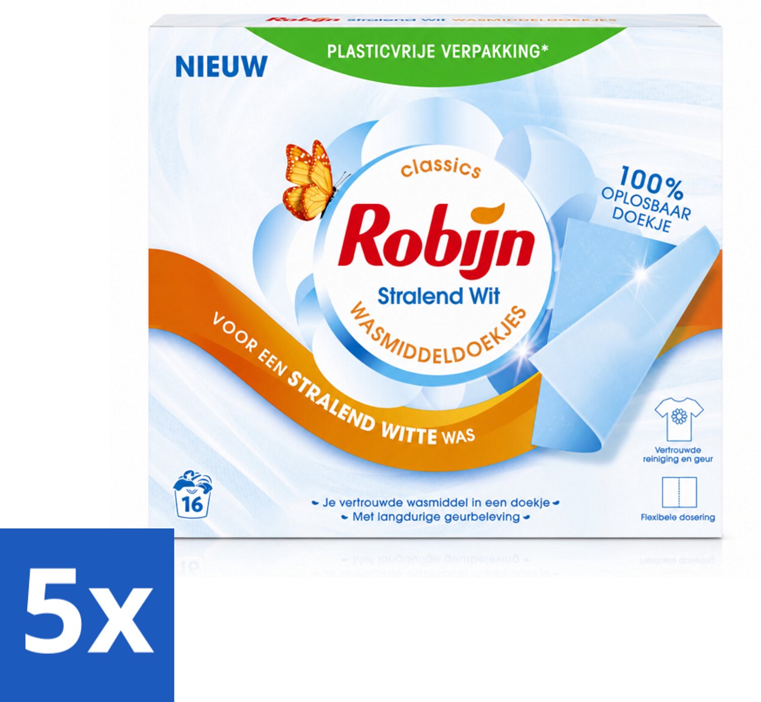 5 x Robijn Classics - Stralend Wit - Wasmiddeldoekjes - 16 Wasstrips - Voordeelverpakking - 5 stuks