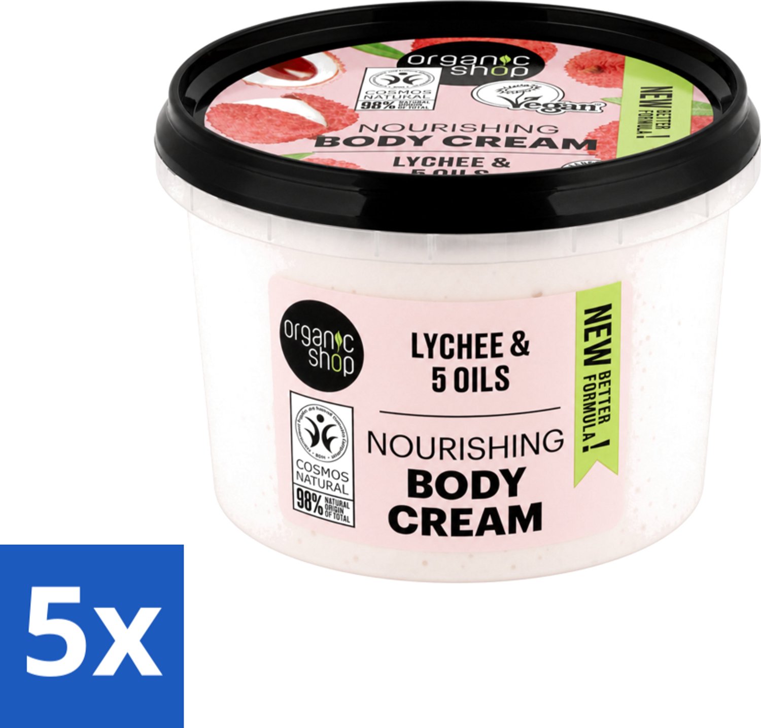 5 x Organic Shop - Nourishing Body Cream Lychee - Hydraterend en Voedend - 250 ml - Voordeelverpakking - 5 stuks