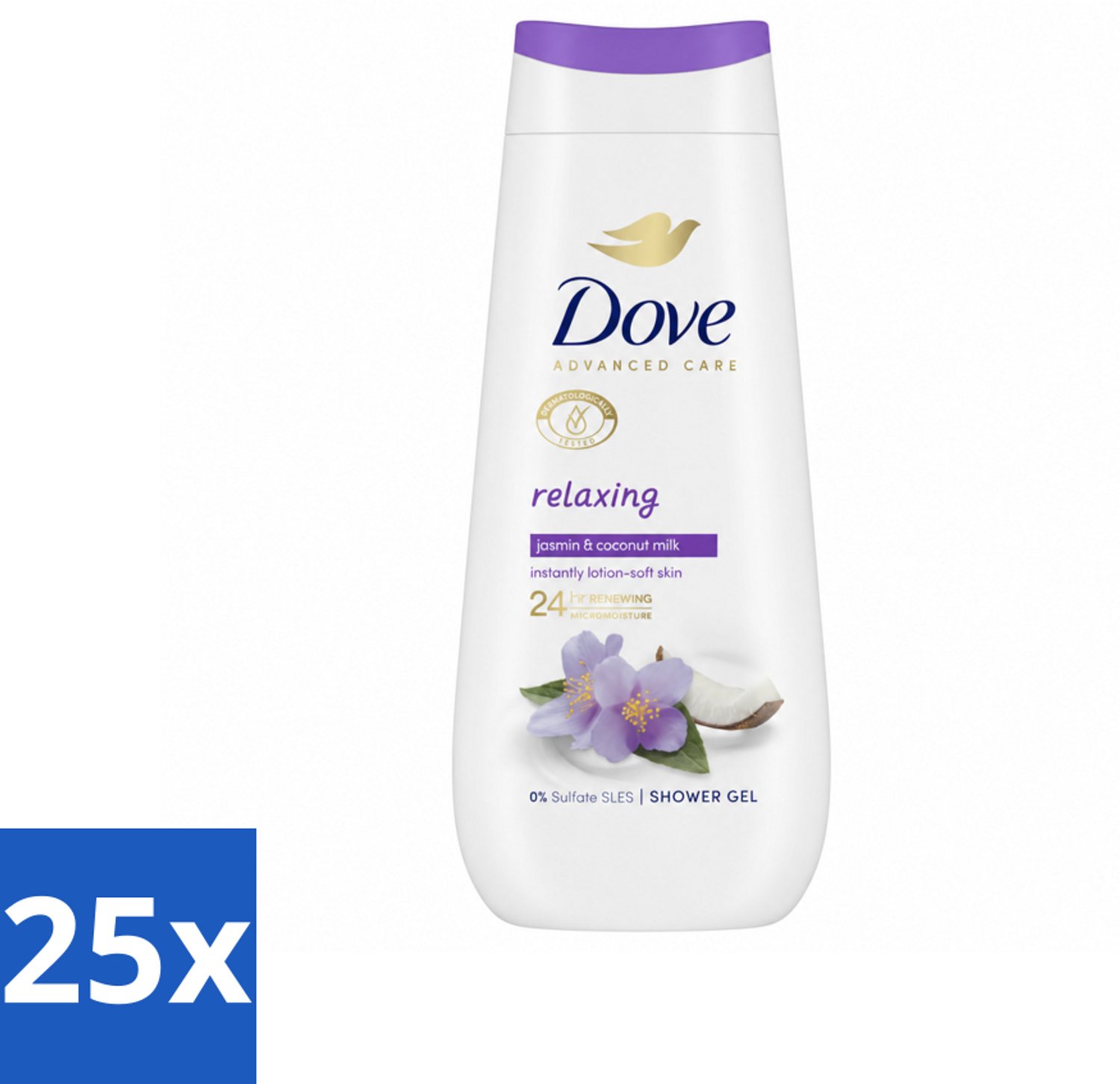 25 x Dove Douchecrème - Relaxing - Kokos & Jasmijn - 225 ml - Voordeelverpakking - 25 stuks