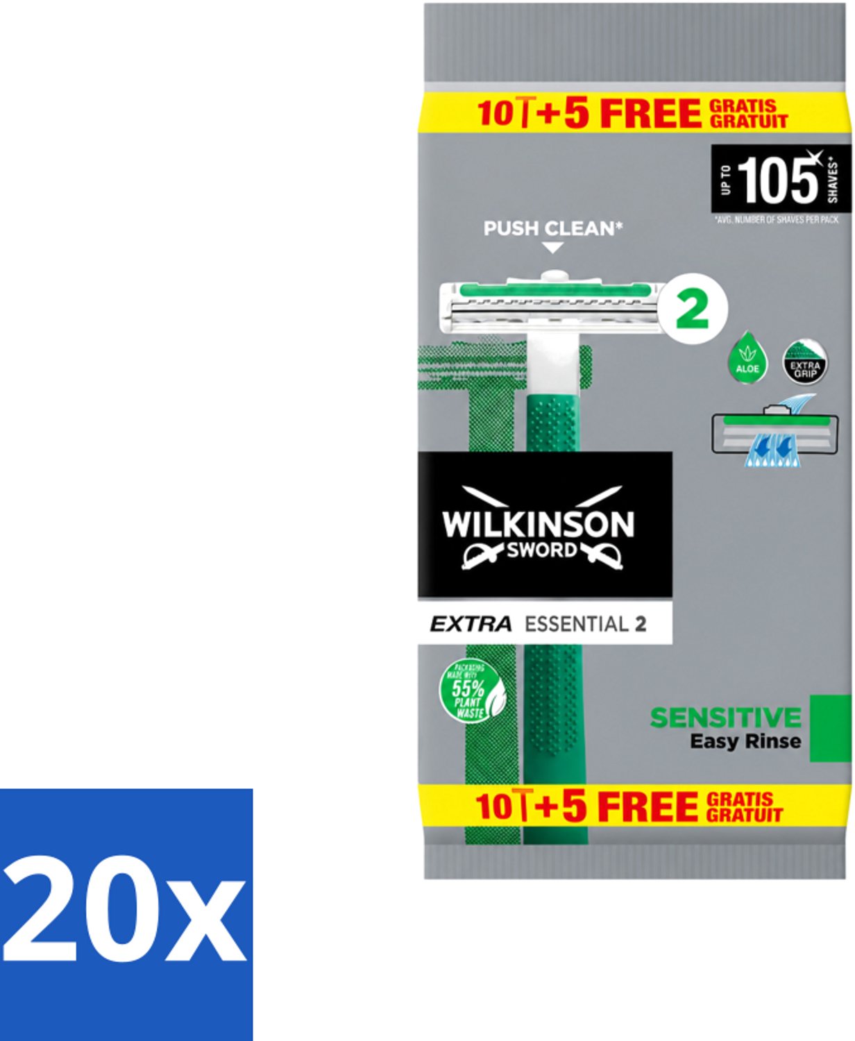 20 x Wilkinson - Wegwerpscheermesjes - Extra Essential 2 Sensitive - Zacht - 15 mesjes - Voordeelverpakking - 20 stuks