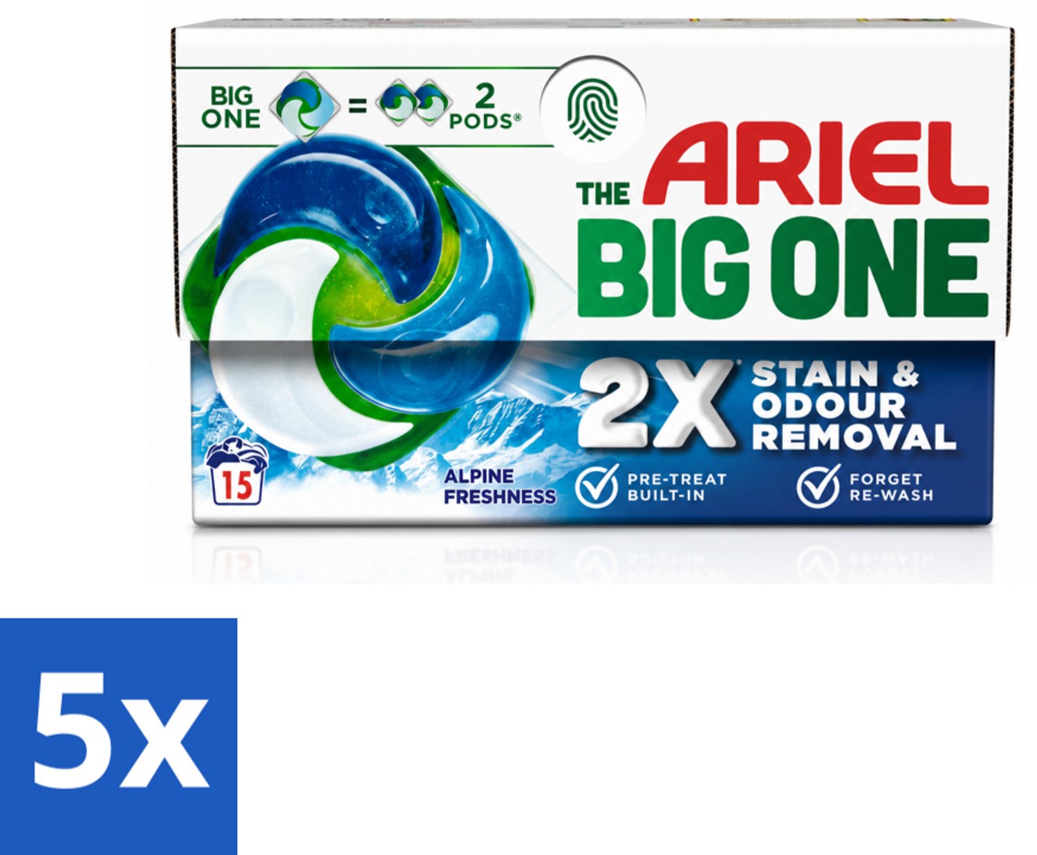 5 x Ariel - 3in1 Wasmiddel Pods - The Big One - Alpine - 15 Pods - Voordeelverpakking - 5 stuks