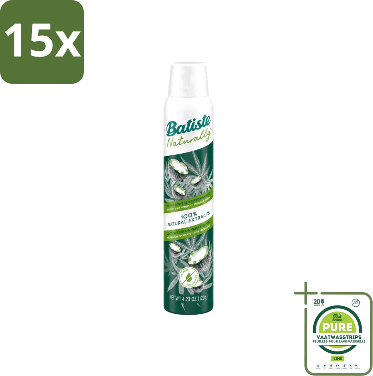 15 x Batiste - Naturally Coconut Milk & Hemp Seed Oil - Droogshampoo - Anti-Pluis en Verfrist - 100% Natuurlijk - 200ml - Grootverpakking - Vaatwasstrips - Natuurlijk Haarverzorging - Droogshampoo - Pluisvrij Haar - Kokosmelk - Hennepzaadolie