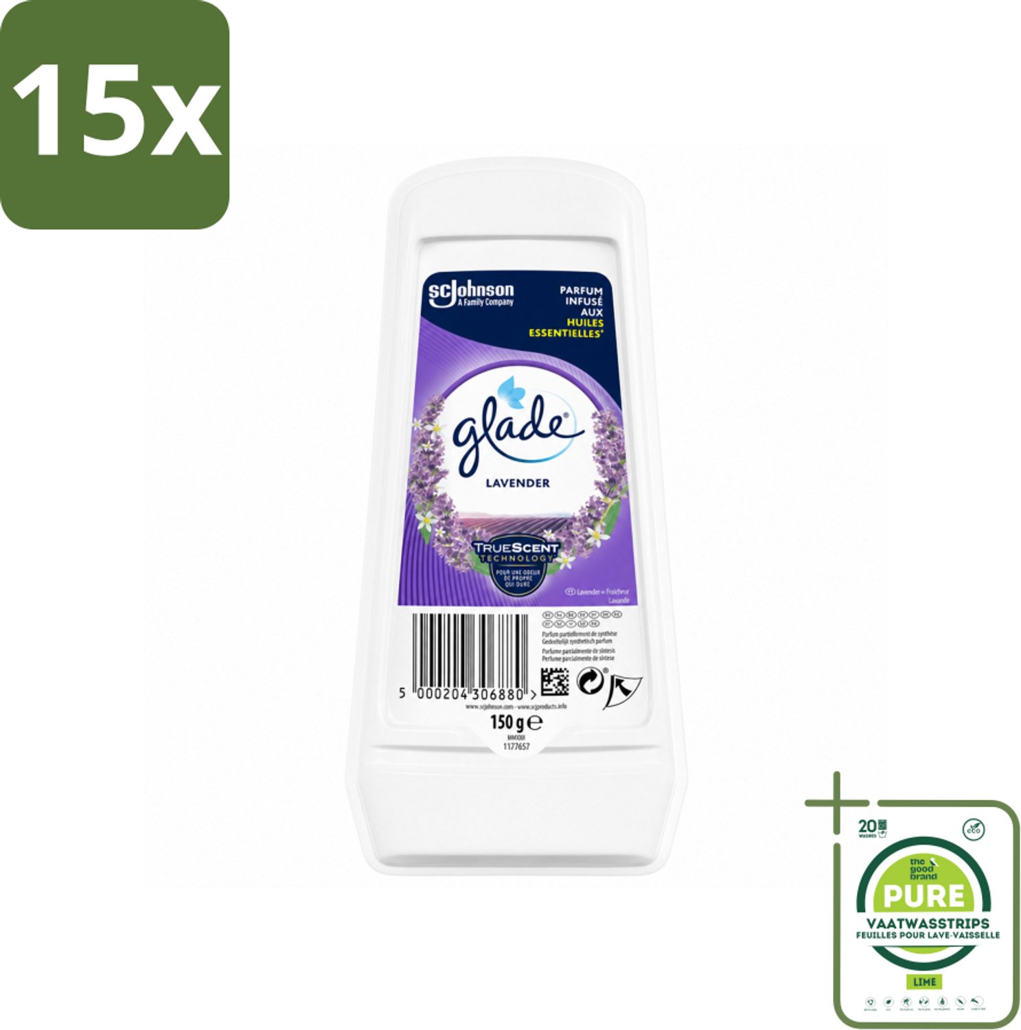 15 x Glade - Gel - Tranquil Lavender & Aloë - 150 g - Grootverpakking - Vaatwasstrips - Luchtverfrisser - Geur - Ontspanning - Frisheid - Lavendel