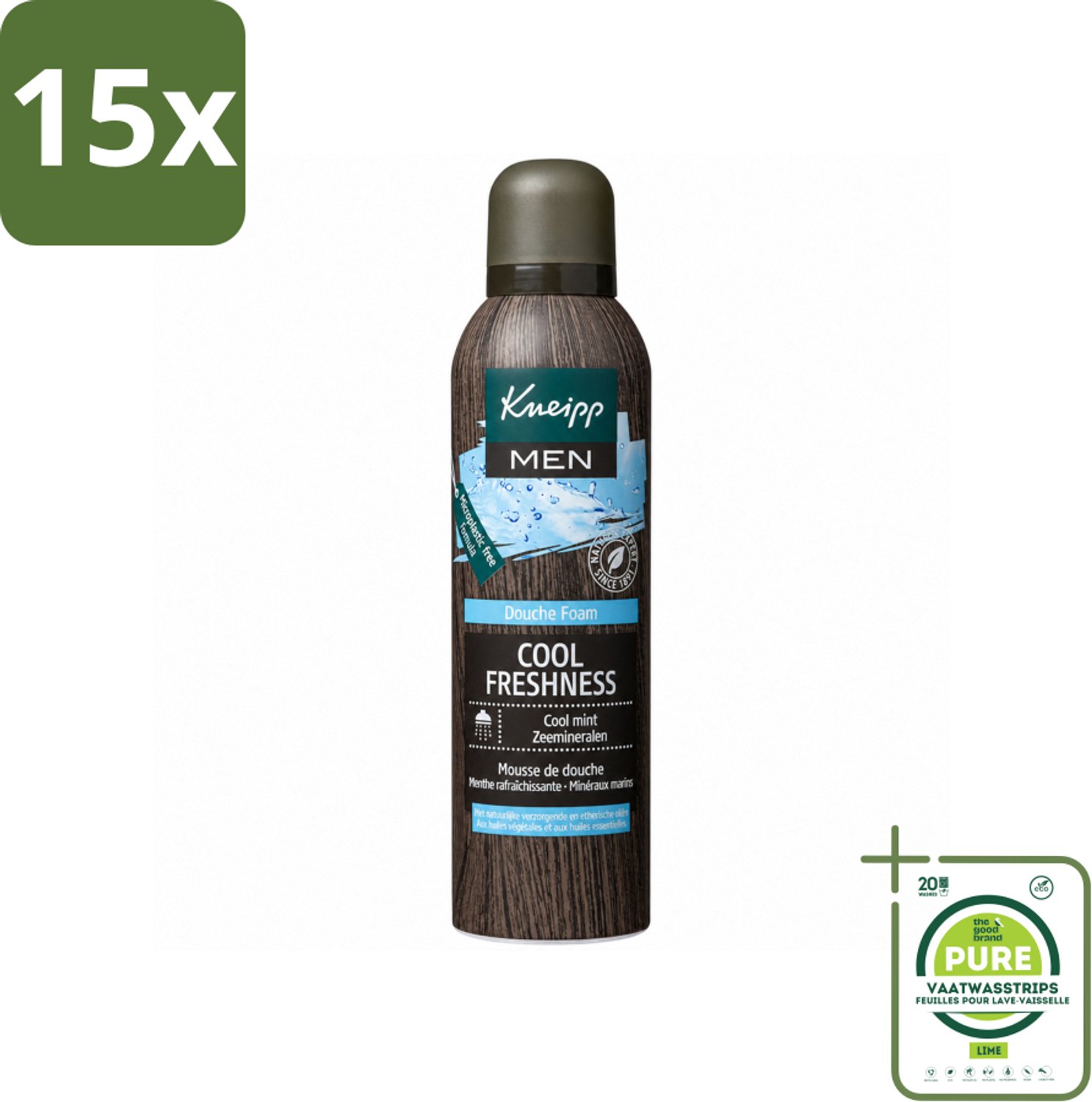 15 x Kneipp - Douche schuim - Men Cool Freshness - Frisse geur - 200 ml - Grootverpakking - Vaatwasstrips - Douche Foam - Munt Geur - Natuurlijke Schuim - Huid Verzorging - Frisse Geur